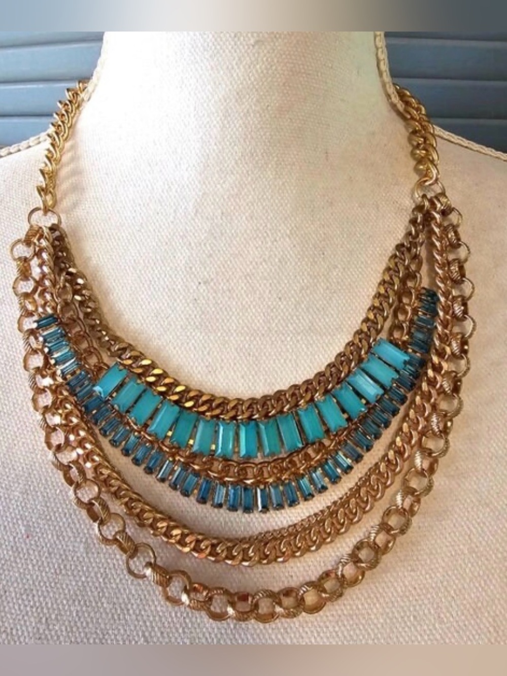 Vintage Estate Layered Blue Rhinestone Bib Necklace EUC